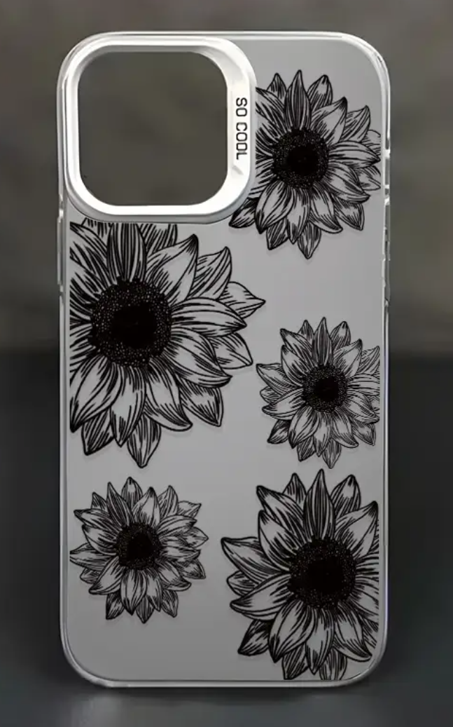 Phone Case for iPhone 15 Pro Max Case [Compatible with MagSafe], Cute Sunflower Black Frosted PC Back Floral Blooms Design for Women Girls Magnetic Phone Cover - Black Flower, Pack of 5