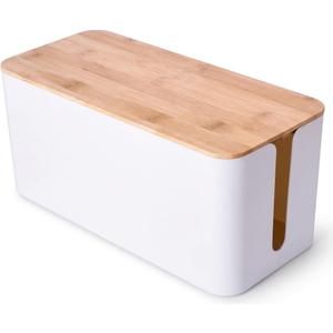 Large Cable Management Box – Wooden Style Cord Organizer and Cover for TV Wires, Computer, Router, USB Hub and Under Desk Power Strip – Safe ABS Material and Baby-Pets Proof Lock (White)