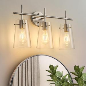 3 Light Vanity Light, Modern Tapered Glass Shade Brushed Nickel Bathroom Wall Sconce