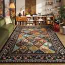 Bohemian Geometric Floral 8x10 Area Rugs, Machine Washable, Low Pile Soft Carpet, Non-Slip for Living Room, Bedroom, Dining Room, Farmhouse, Kids Playroom, Office | Black