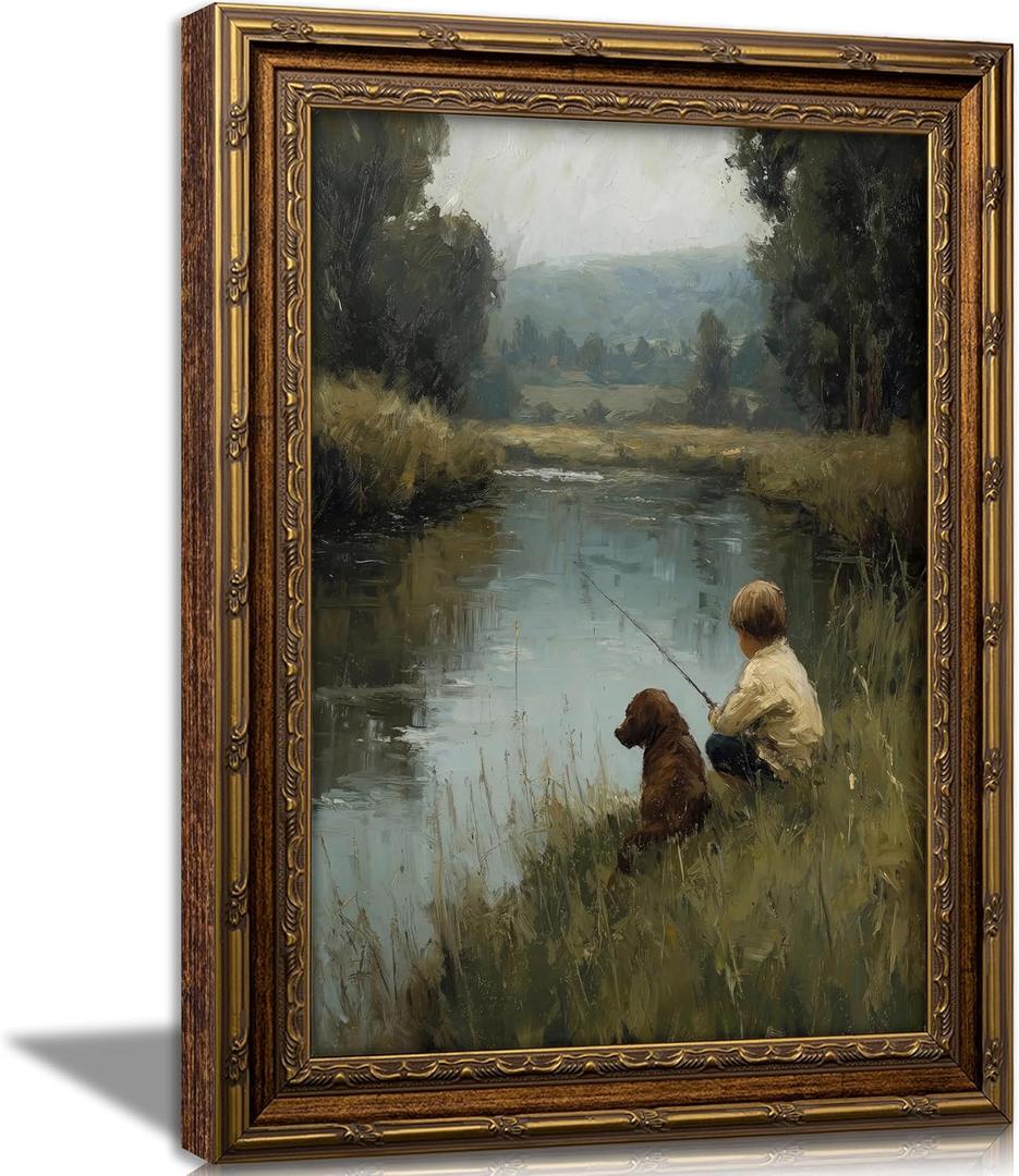 Vintage Gold Framed Wall Art, Boy and Dog Fishing by the River Oil Painting Print, Rustic Countryside Landscape Decor for Living Room, Bedroom, Office, Ready to Hang, 24"L x 16"W