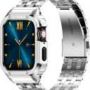 HASLFM Stainless Steel Band with Case Compatible with Apple Watch Series 9 8 7(41mm), 6 5 4 SE3/2/1(40mm), Series 3 2 1(38mm), Metal Protective Bumper Cover for iWatch Bands Men,Silver