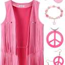 70s Outfits for Women, Disco Hippie Costume Clothes Woman Cowgirl 70s Costume Fringe Hippie Vest (Small, Pink)