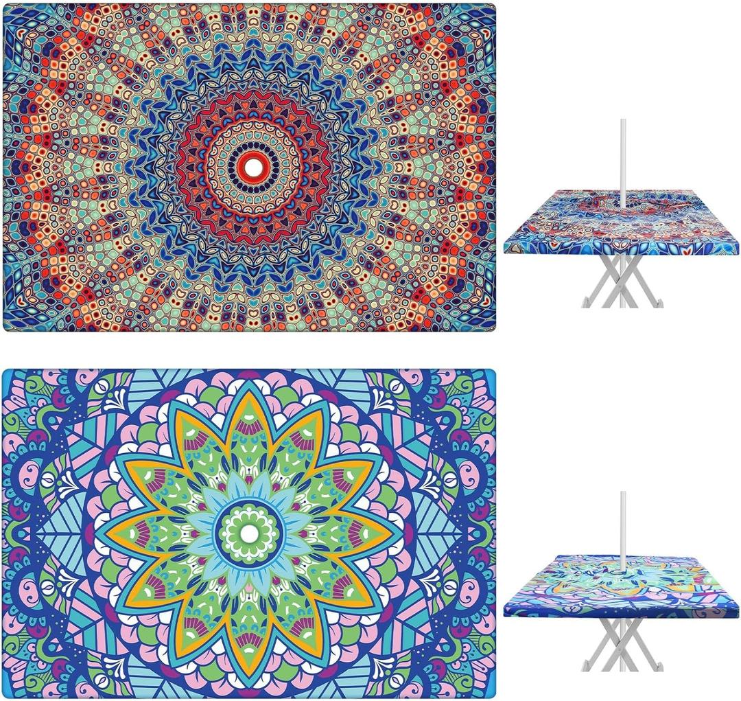 DoubleFill 2 Pcs Rectangular Outdoor Tablecloth with Umbrella Hole, Waterproof Elastic Fitted Camping Tablecloths for 5 Foot Table with Zipper - Ideal for Summer Garden Patio Picnic Party, 38'' x 63''