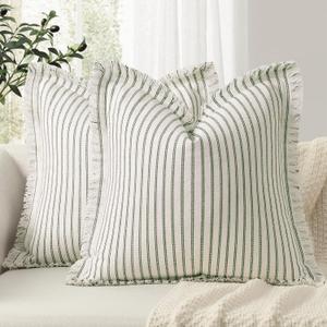 ZWJD Throw Pillow Covers 16x16 Set of 2 Striped Pillow Covers with Fringe Chic Cotton Decorative Pillows Square Cushion Covers for Sofa Couch Bed Living Room Farmhouse Decor, (Olive Green)