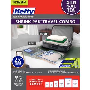 Hefty Shrink-Pak Travel Storage Bags  For Clothes, Pillows, Towels, Blankets & More  Space Saver Suction Sealer Bags for Luggage or Moving  4 Large, 22.5x18 Inches, 4 XL, 27.5x 19.5 Inches