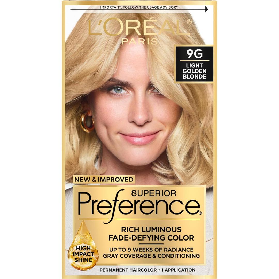 L'Oreal Paris Superior Preference Luminous Fade-Defying Permanent Hair Color, Hair Dye For Up to 9 Weeks of Radiance, Light Golden Blonde 9G, 1 Hair Dye Kit