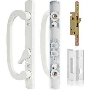 Sliding Patio Door Handle Replacement with Zinc Diecast I/E Pulls, Offset Thumbturn Fits 1-3/8" to 2-1/4" Thick Door 3-15/16" Hole Spacing, Non Handed with Mortise Lock+Keeper, not Center Latch