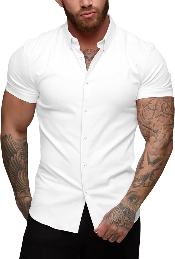 URRU Men's Muscle Dress Shirts Slim Fit Stretch Short Sleeve Casual Button Down Shirts for Men, S