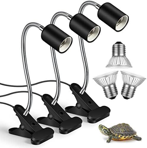 3 Set Reptile Heat Lamp UVA/UVB Turtle Heat Lamp Holder Fixture Clamp Basking Spot Adjustable 50w Full Spectrum Sun Sunbathe Bulb for Turtle Lizard Bearded Dragon Snake Aquarium Amphibian(Black)