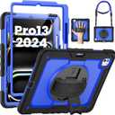 SEYMAC for iPad Pro 13 Inch Case 2024 M4 (7th Generation), Heavy Duty Shockproof Protective Case with Screen Protector, 360 Rotating Stand, Hand/Shoulder Strap and Pen Holder, Blue (Black /Dark Blue)