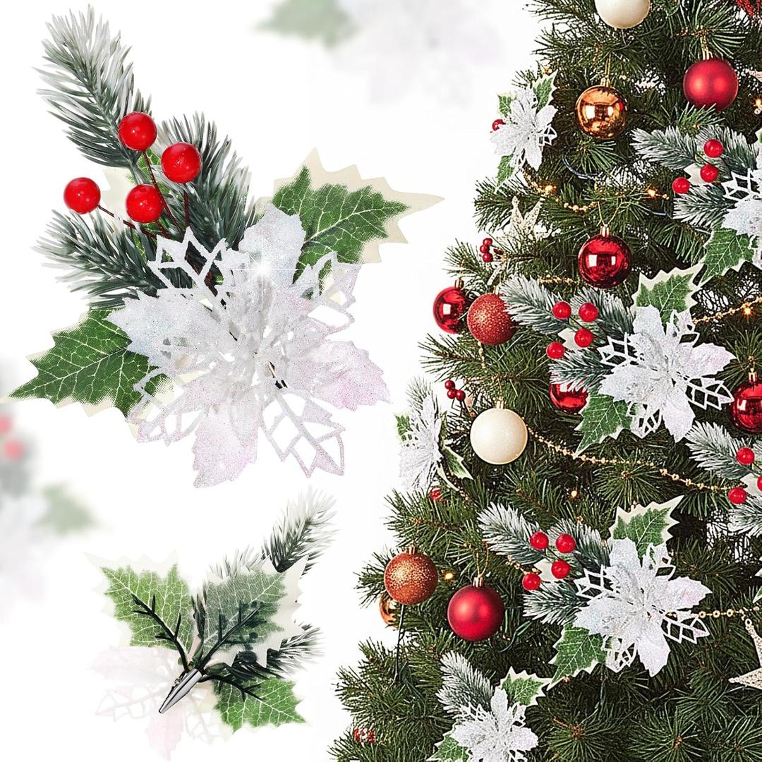 Hotop 12 Pcs Poinsettia Flowers Christmas Artificial Glitter Flower with Clips Poinsettia Christmas Decorations Artificial Flowers for Garland Wreath Tree Home Party(White,Fresh)