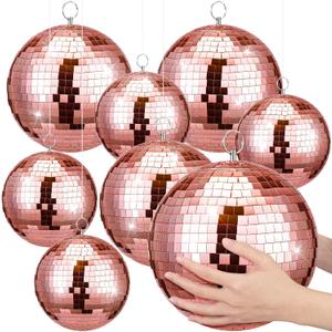 8 Pack Rose Gold Disco Balls 8/6/4 Inch 70s Disco Balls Hanging Ornaments with Rings for Dj Club Birthday Wedding Bachelorette Party Decoration