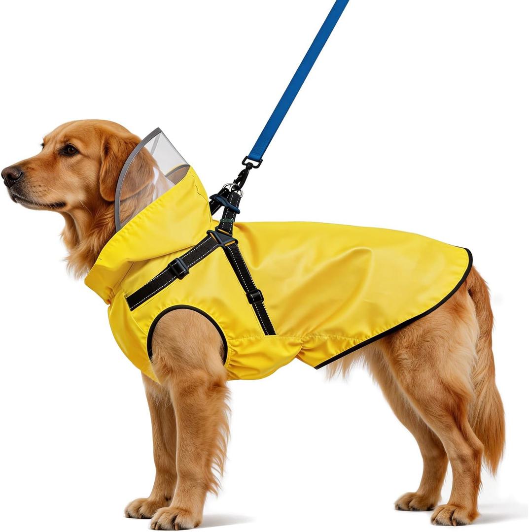 Dog Raincoat: Dog Rain Jacket with Reflective Harness & Removable Hood | Waterproof Dogs Rain Coat Poncho for Large Dogs Puppies (Yellow - XL)