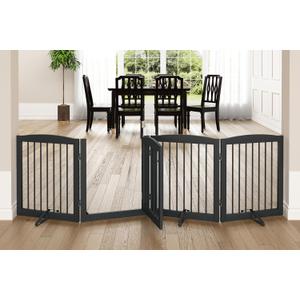 Freestanding Dog Gate with Door, Pet Gate for Stairs, 80 inch Wide Pet Barrier Indoor, Dog Fences Indoor, Support Feet Included, 4 Panels, 24" Tall, Grey (Gray)