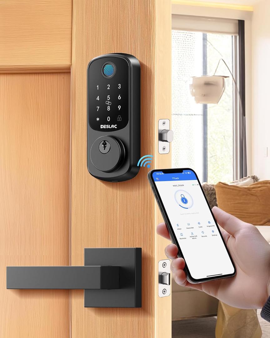 DESLOC B200 Keyless Entry Door Lock with 2 Lever Handles, App Control, Fingerprint Smart Locks for Front Door, Keypad Deadbolt Smart Lock, Deadbolt Lock, Emergency Power Port, 12 Months Battery Black