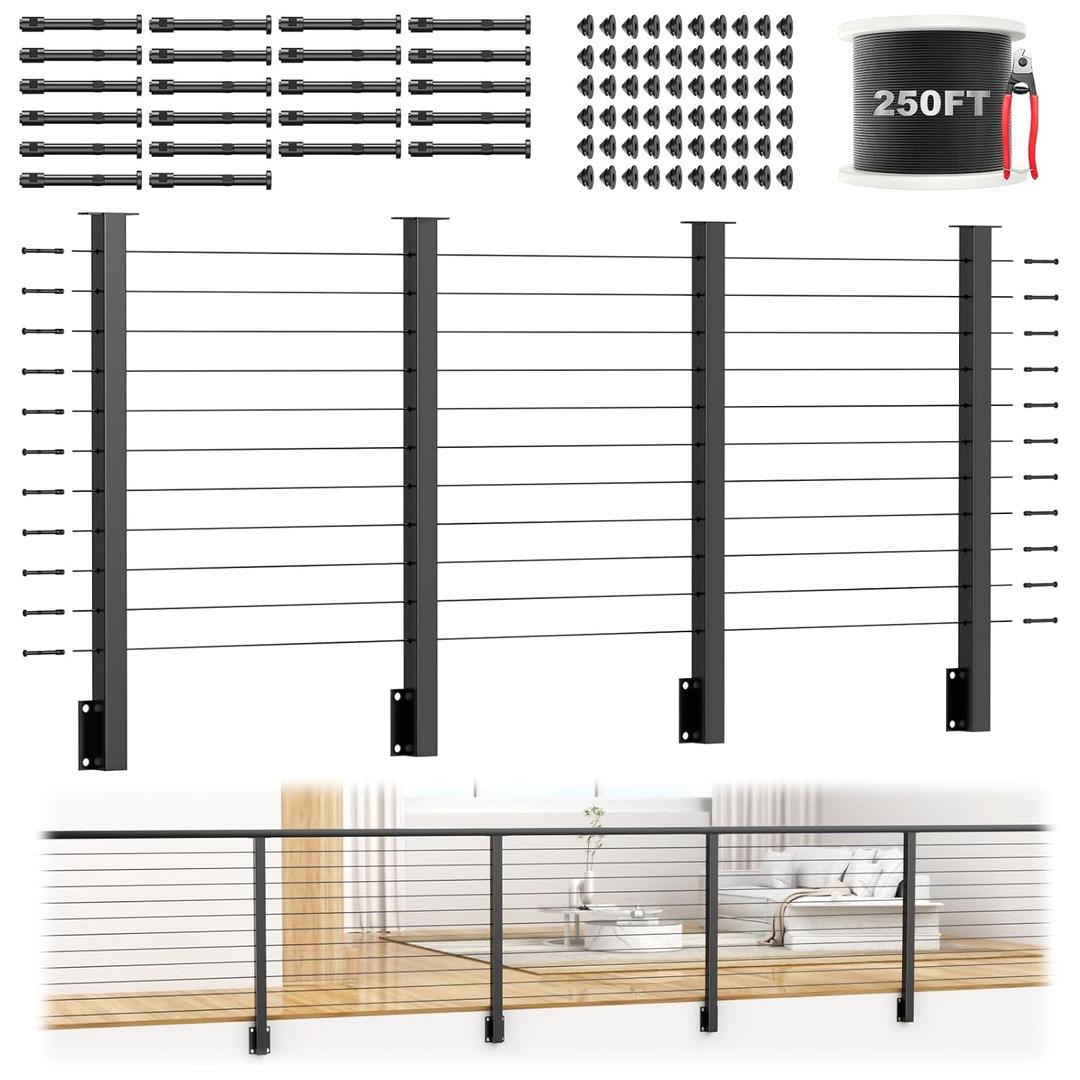 12-20ft Complete Set 36" Side Mount Level Railing Post Kit, 4 Pack Black Fascia Mount Level Drilled Post, 250ft 1/8" Stainless Steel Cable(No Handrail), Swageless Cable Railing Kit, MY10-LP