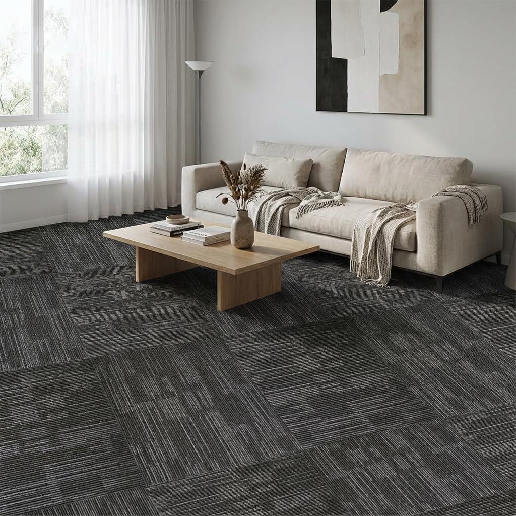 Commercial Carpet Tiles 24"x24" 18 PCS (72 Sq Ft) Heavy Duty Carpet Squares with Non-Slip Backing, Modular Floor Tiles for Office, Basement, Home (Dark Gray)