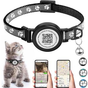Waterproof Airtag Cat Collar with QR TAG & Reflective, Footprints Pattern, Lightweight Kitten Collar for Apple AirTag, Hidden GPS Tracker Holder for Cats, Kittens (Black)(7-12)