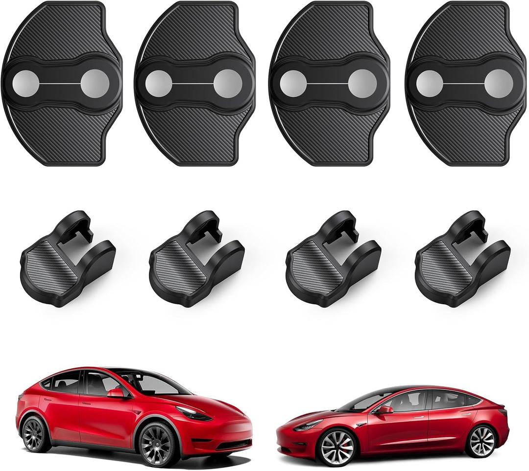 BASENOR 2017-2026 Tesla Model Y Juniper Model 3 Highland Door Lock Cover Protector Anti-Rust [Carbon Edition] [No Tape Requried], Door Striker Latches Stopper Covers for Model Y (8PCS)/Model 3 (6PCS)