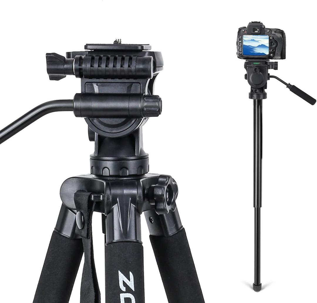 Fluid Head Video Tripod, Stable Tripod with 2-in-1 Monopod,1/4 inch Screws Fluid Drag Pan Head and Carry Bag for Nikon Canon Sony DSLR Cameras Video Camcorders