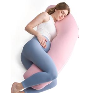 Momcozy Body Pillow for Pregnancy, J Shaped Pregnancy Pillows for Side Sleeping, Soft Maternity Pillow with Jersey Cotton Cover for Head Neck Belly Support, Pink 