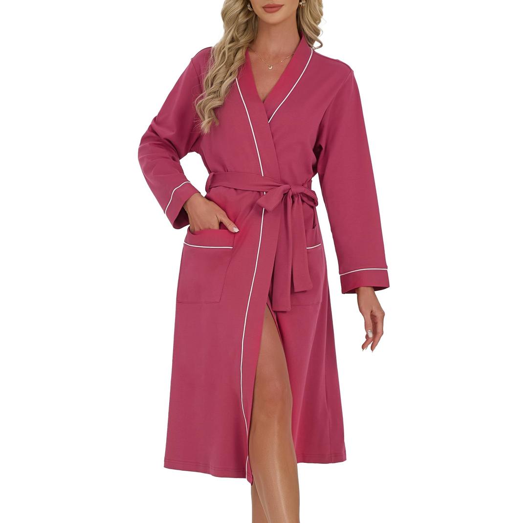 U2SKIIN Womens Organic Cotton Robe, Lightweight Long Kimono Bathrobe for Women, Soft Spa Lounge Sleepwear with Pockets (Rose, M)