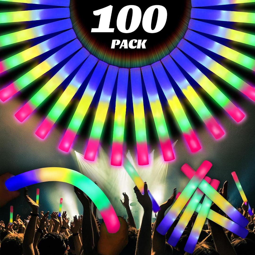 100 Pcs 18.5 inch Foam Glow Sticks Bulk, 4 Color LED Light Foam Sticks, Glow In The Dark Party Supplies, 3 Modes Colorful Flashing for Birthday Wedding Easter Halloween Christmas