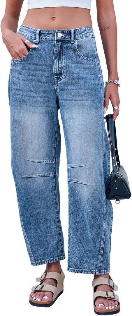 GREAIDEA Mid Rise Barrel Jeans for Women Wide Leg Mid Waist Cropped Denim Pants Y2k Baggy Boyfriend Jeans with Pockets (Small, Medium Blue)