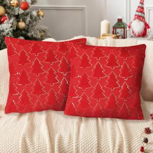 Christmas Throw Pillow Covers 16"x16"Set of 2, Red Christmas Tree with Gold Sequins,Soft Faux Fur Decorative Throw Pillowcases for Holiday Christmas Decor Sofa,Couch,Party