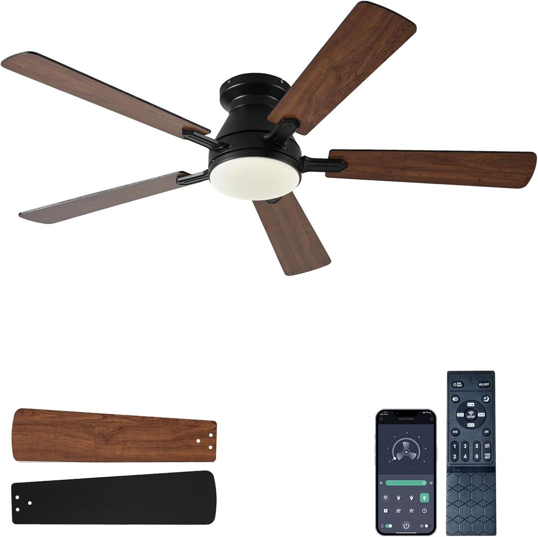 Ayaoty 54 inch Ceiling Fans with Lights and Remote, Low Profile Ceiling Fan with Light, Flush Mount, Reversible, 3CCT, Dimmable, Noiseless, Brown Ceiling Fan for Bedroom, Indoor/Outdoor Use