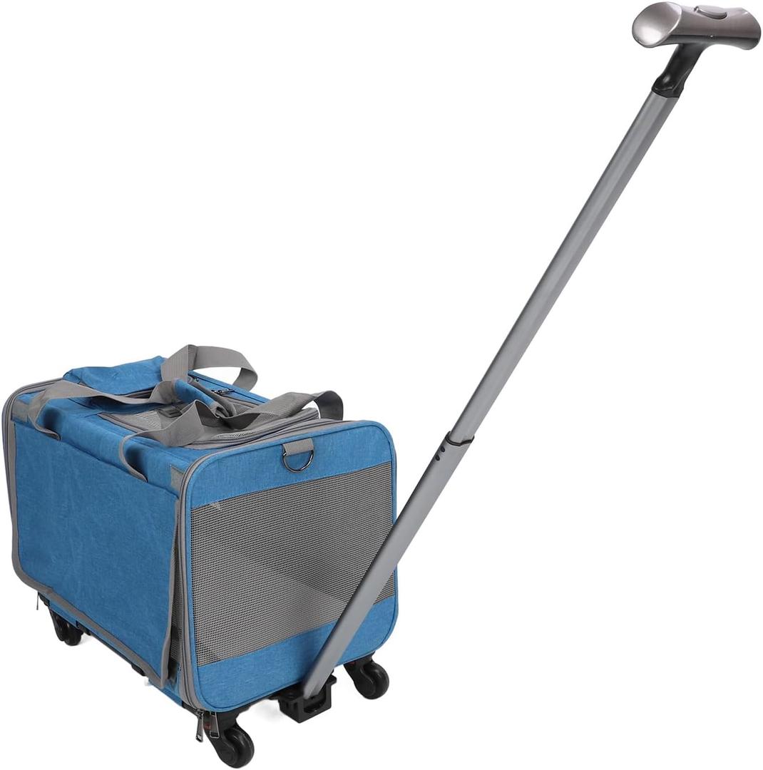 Pssopp Folding Dogs Carrier, All Sides Mesh Design Secure Rolling Pet Travel Carrier with Wheels Telescopic Walking Handle Adjustable Shoulder Straps for Travel (Blue)