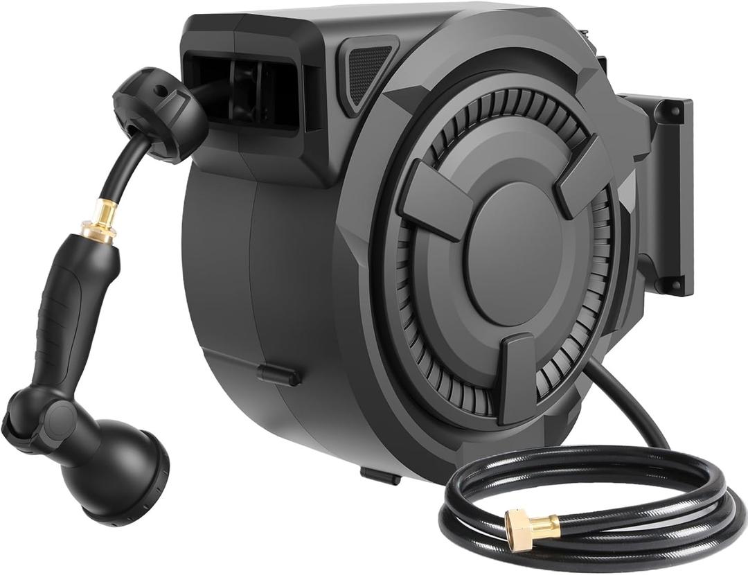 Hose Reel 1/2 in x 100 ft, 180 Swivel Wall-Mounted Garden Hose Reel, Hose Reels for Outside Lock at Any Length, Slow Return System Retractable Hose, Water Hose Reel with 10-Pattern Nozzle, Black