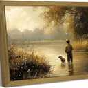 Framed Vintage Landscape Wall Art, Boy Fishing Canvas Wall Decor painting, Vintage Country Farmhouse Artwork Print Poster for Boy Room Bedroom Living Room Nursery Decor 12x16 Inch