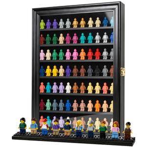 OCEYVI Minifigure Display Case Wall Mounted Lockable Cabinet with UV Door, Adjustable Shelves & Anti-Slip Strips – for Building Block Toys, Model Cars, Action Figures, Coins, Medals, Black