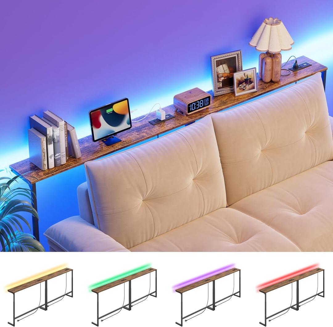 78.8 Inch Narrow Console Table with 2 Power Outlets and LED Lights | Skinny Sofa Table Behind Couch, Long Entryway Table Adjustable Height (25.8"-34.8"), for Living Room, Rustic Brown