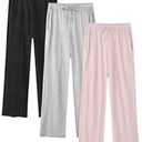 Wenouy 3 Pack Womens Cotton Pajama Pants Lightweight Soft Loose Casual Lounge Pants Pajama Bottoms PJ Sleepwear with Pockets XX-Large, Black, Light White Grey, Light Pink