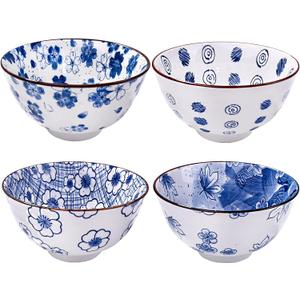 Ceramic Rice Bowls Set of 4 White and Blue Rice Bowls Porcelain Cereal Bowl Perfect for Soup Cereal Sushi Sauce Oatmeal Fruit Rice Microwave and Dishwasher Safe