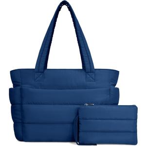 TOPDesign Puffer Tote Bag for Women, Lightweight Puffy Handbag with Compartments, Quilted Shoulder Bag for Work, Travel, Gym (Medium, Blue)