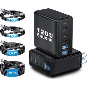 2 Pack USB C Charger Block with 4 USB Cables 120W GaN Type C Charger Fast Charging Block 6 Port Foldable for iPhone 17/16 Series, Pixel, iPad, Samsung Galaxy Series (Black)