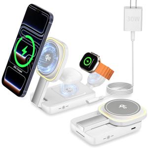 Qi2 Certified Magnetic Wireless Charger for iPhone 17 Pro Max Air 15W 3in1 Fast Mag-Safe Charging Stand for Apple Watch 11/ 10/ 9/ 8 with PD 30W USB C Adapter and Night Lamp for Air-pods