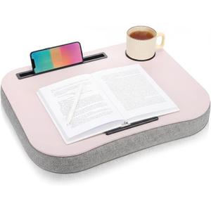 Lewtemi Pink Laptop Lap Desk with Cup Holder and Stopper Padded Phone Holder Couch Bed Sofa Fits up to 15.6 Inch Cushion Portable Lap Desk for Home Office Study Writing