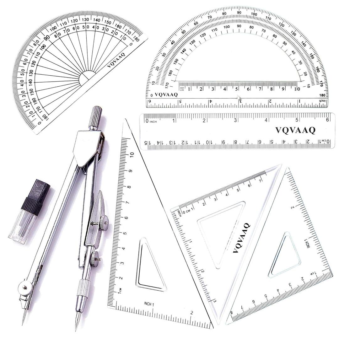 7 Piece Geometry School Set, with Quality Compass, Linear Ruler, Set Squares, Protractor