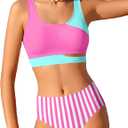Girls Swimsuit Stripe Bathing Suit Color Block Sporty Bikini Swimsuits Swim Cover Up Skirt 3 Piece Set (7-8 Years)