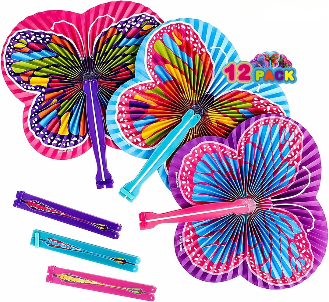 ArtCreativity 9.5 Inch Handheld Butterfly Folding Fans - Pack of 12 Foldable Fans in Assorted Colors and Designs, Goodie Bag Filler, Party Favors and Supplies, Fun Novelties and Gifts for Kids Ages 3+