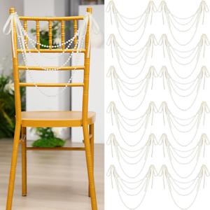 Wonderjune 16 Pcs Wedding Pearl Bow Chair Decor Satin Ribbon Bows with Pearl Beaded String Garland Aisle Chair Sashes Decorations for Ceremony Coquette Party Banquet Decor (Ivory)