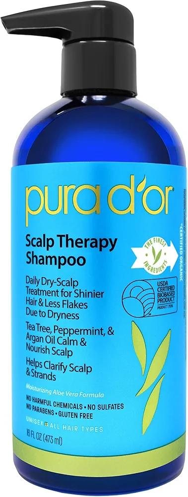 PURA D'OR Scalp Therapy Shampoo - Hydrates & Nourishes Scalp - Scalp Care Shampoo For Itchy Flaky Scalp w/ Tea Tree, Peppermint, Patchouli, Cedarwood, Clary Sage, Argan Oil 16oz (00602)