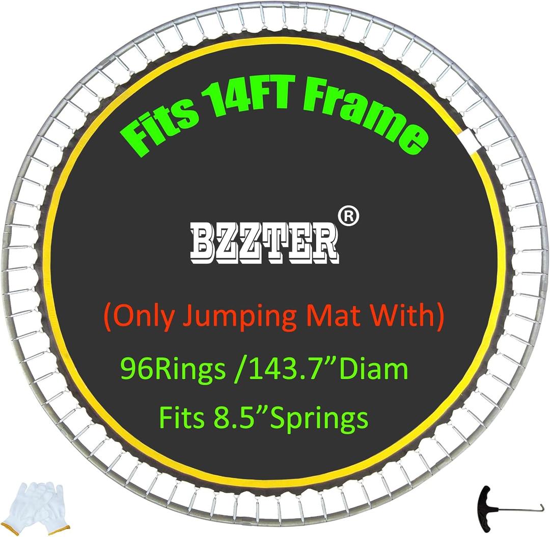 Trampoline Replacement Mat,Fits 14ft Round Frame,with 72 80 84 88 96 Rings for Choose,Fits 5.3-7 Inch Springs,10 Rows of Stitching,w/Pull Hook and Gloves,14ft Trampoline Mat