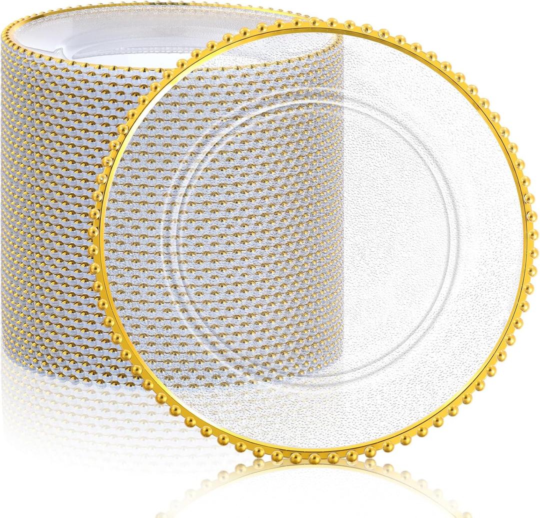 Hoolerry 50 Pack Clear Charger Plates Bulk 13 Inch Plastic Round Beaded Dinner Chargers Acrylic Frosted Grain Decorative Service Plates for Wedding Party Event, Home and Kitchen Tabletop (Gold)