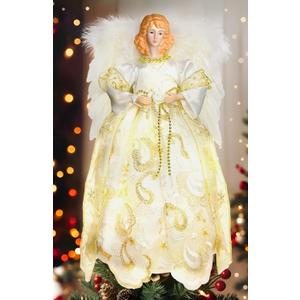 2026 Angel Tree Topper with Lights, Vintage Angel Christmas Tree Topper Lighted Battery Operated with Plump Wings for Christmas Indoor Decoration Gold & White, 12.6”